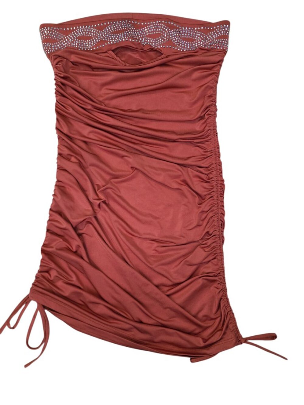 Y2K Rhinestone Cutout Ruched Strapless Bodycon Mini Dress Rust XS S